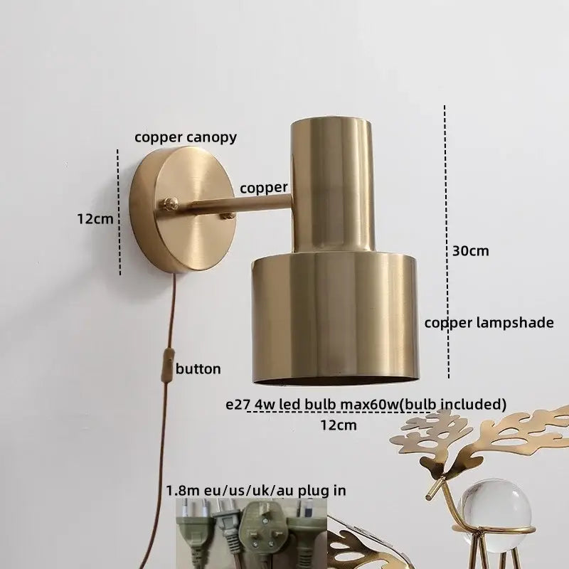 Copper wall lamp with cylindrical lampshade and pull chain switch for modern bedroom decor and lighting