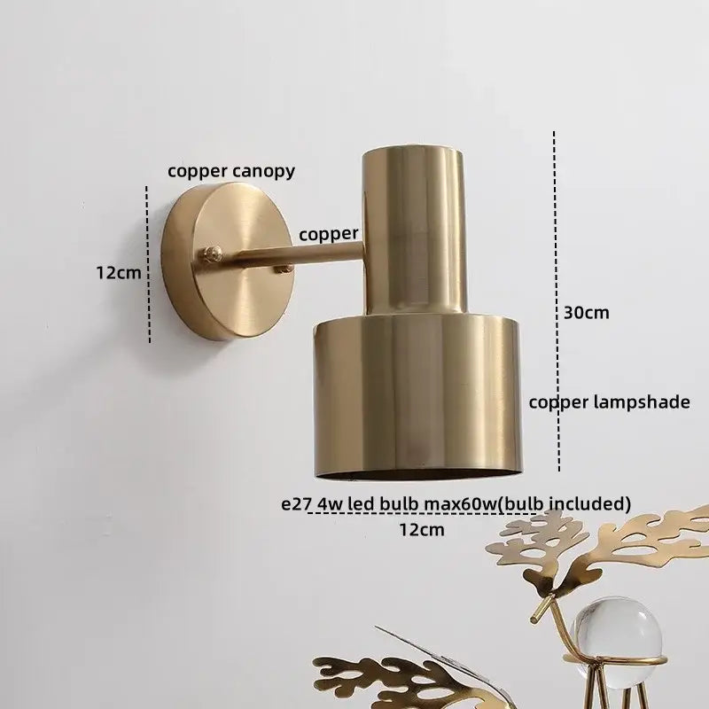 Modern brass wall lamp with copper cylindrical shade and pull chain switch for bedroom decor lighting