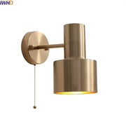 Modern brass wall lamp with pull chain switch and cylindrical shade for bedroom decor wall lamp with pull chain