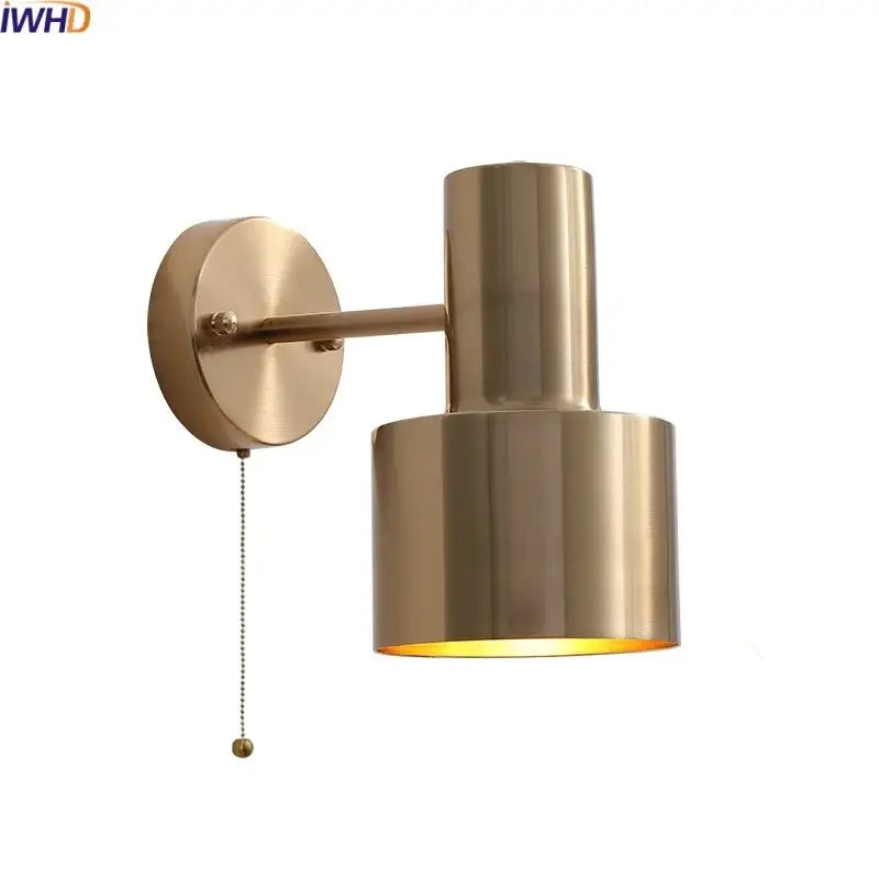 Modern brass wall lamp with pull chain switch and cylindrical shade for bedroom decor wall lamp with pull chain