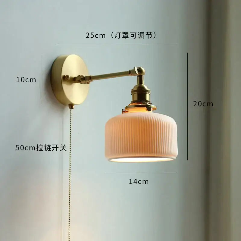 Modern brass wall lamp with ribbed off-white ceramic shade and adjustable copper arm for bedroom reading light decorbites copper arm wall