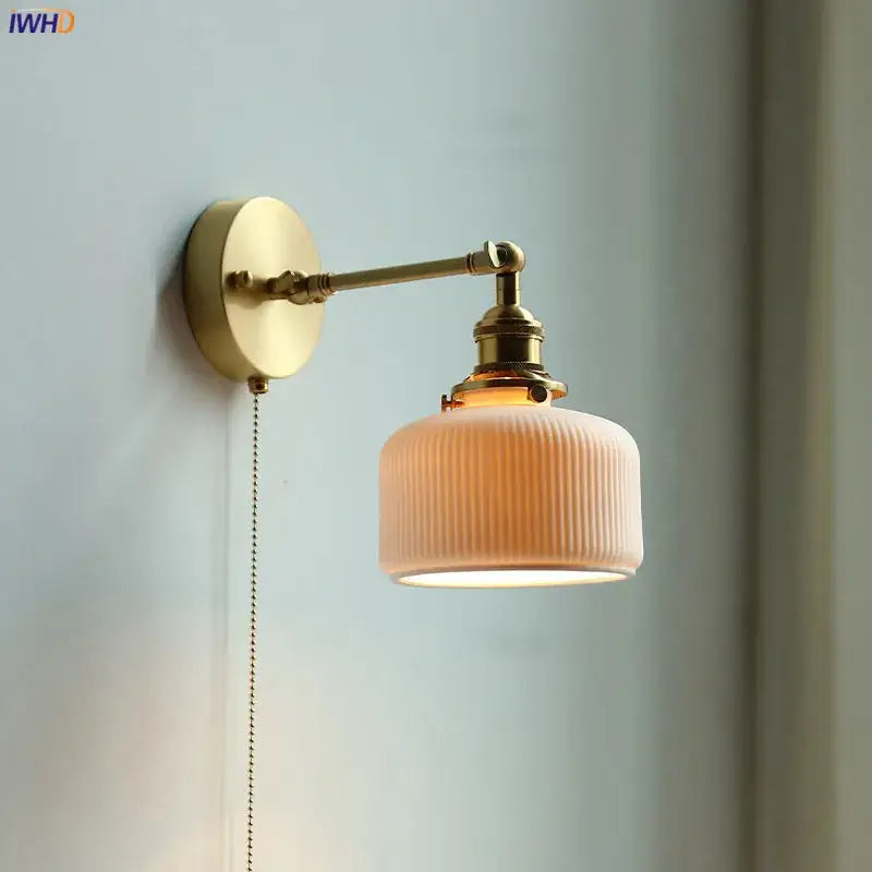 Modern brass wall lamp with ribbed off-white glass shade and copper arm wall design for bedroom reading light decorbites copper arm
