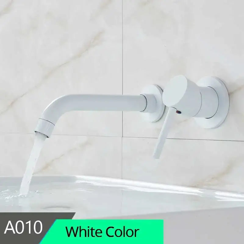 White matte-finish modern brass wall mount basin faucet with curved spout for bathroom use