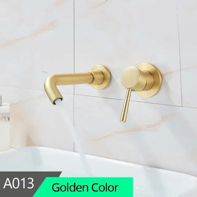 Gold-colored modern brass wall mount basin faucet with curved spout and brushed metallic finish for bathroom use