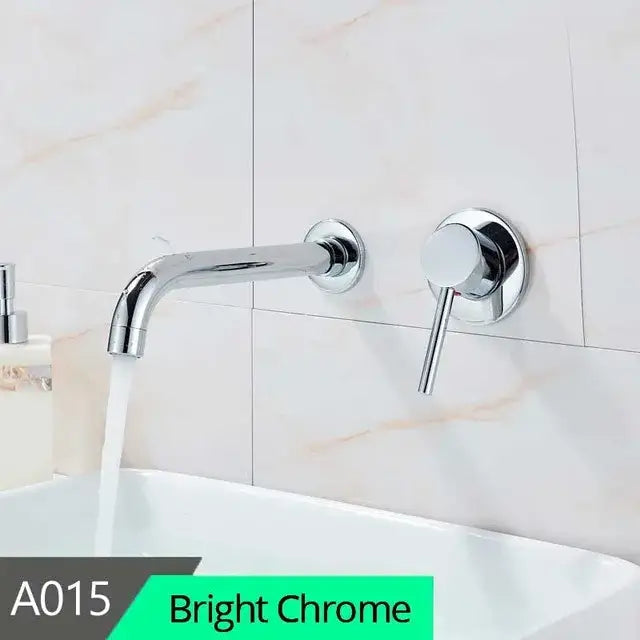 Bright chrome wall mount basin faucet with sleek modern design single lever handle and curved spout mixer tap