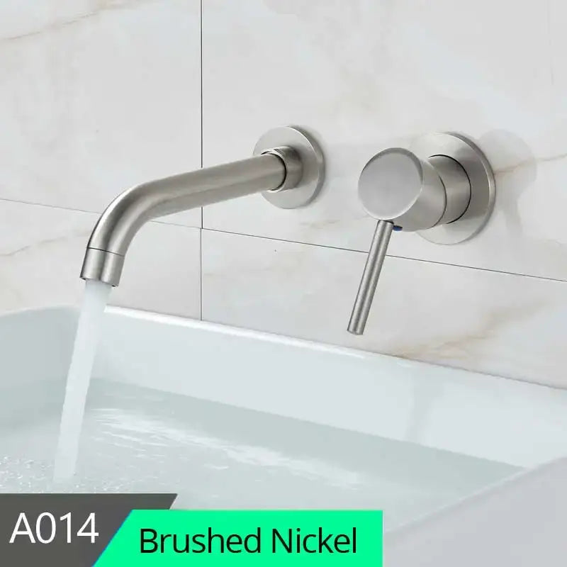 Modern brass wall mount basin faucet with brushed nickel finish and single lever handle for bathroom use