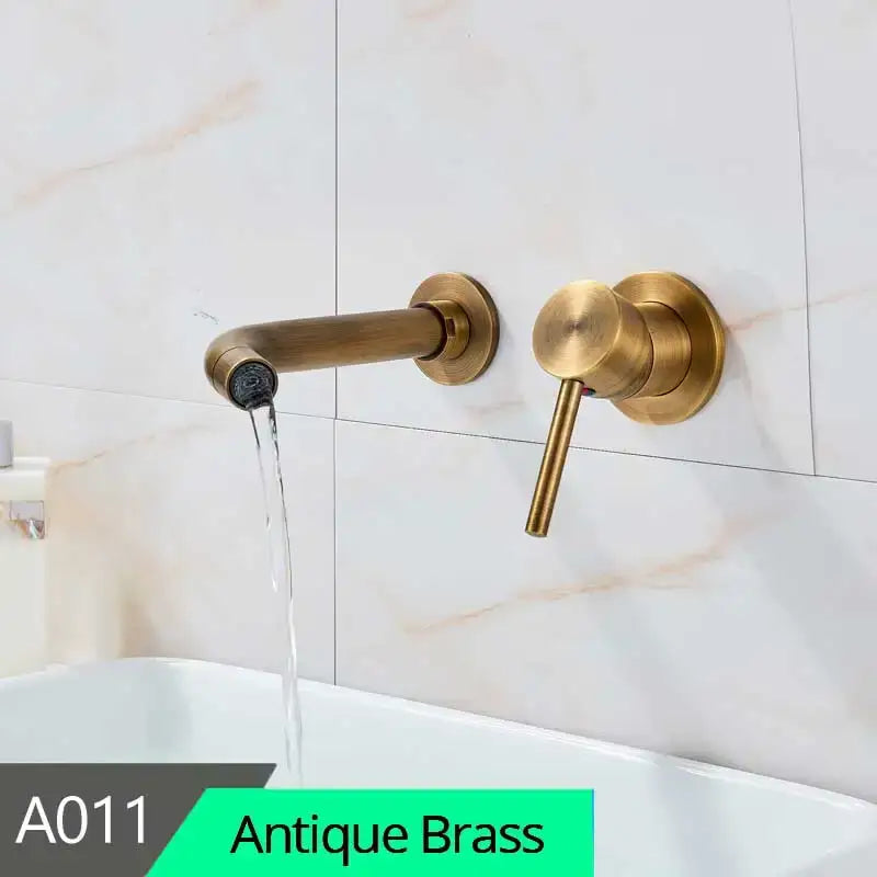 Antique brass wall mount basin faucet with a sleek curved spout and single lever handle for modern bathroom use
