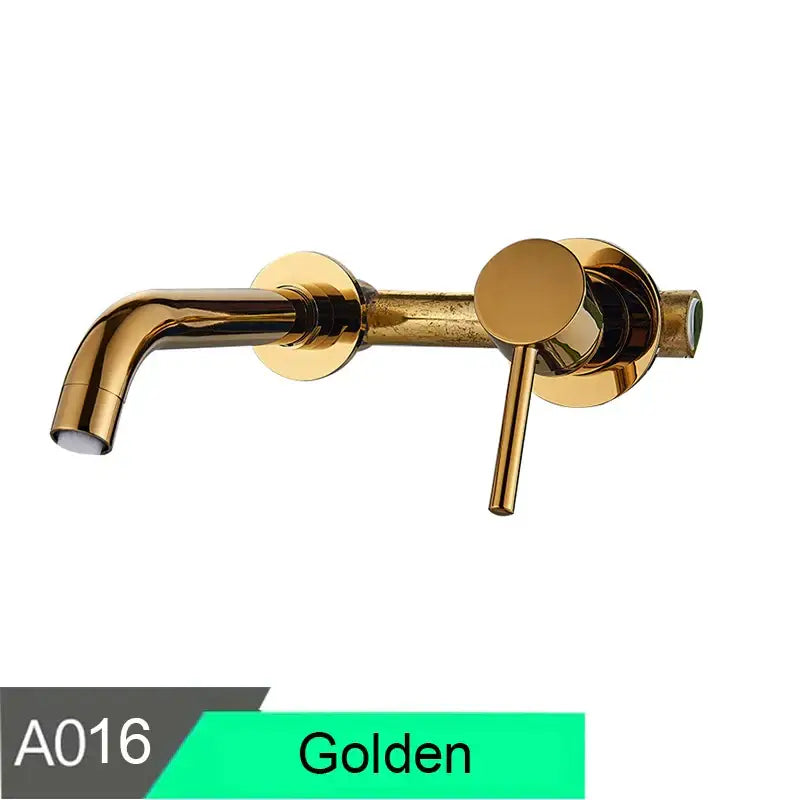 Modern brass wall mount basin faucet with curved spout in polished gold finish for bathroom use