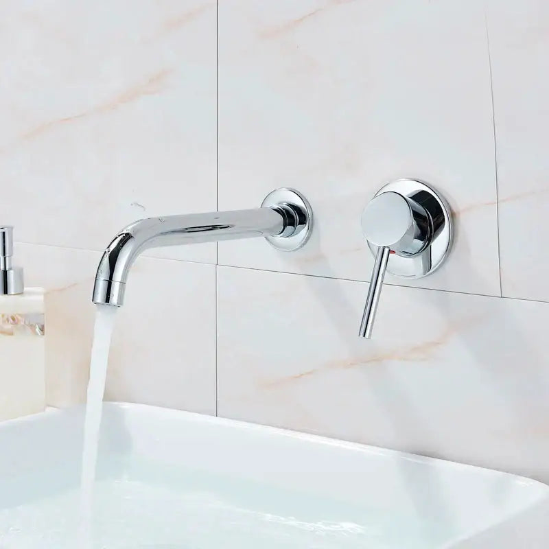 Modern chrome wall mount basin faucet with sleek curved spout and minimalist circular handle for bathroom use