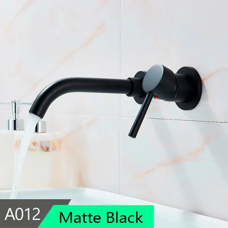 Matte black modern brass wall mount basin faucet with sleek curved spout and single lever handle for bathroom use