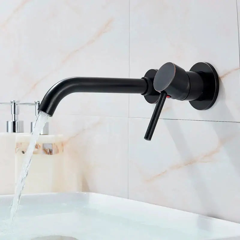 Modern black matte wall mount basin faucet with brass finish and sleek curved spout for bathroom use