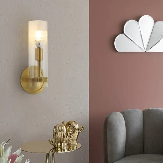 DecorBites™ DecorBites™ Modern Brass Wall Sconce Light with Clear Glass Shade - 1 Head Cylindrical Design