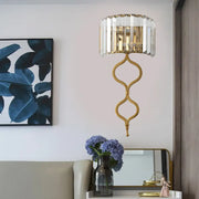 Modern brass wall sconce with crystal rectangle shade and ornate twisted metal base is a great choice for wall mount