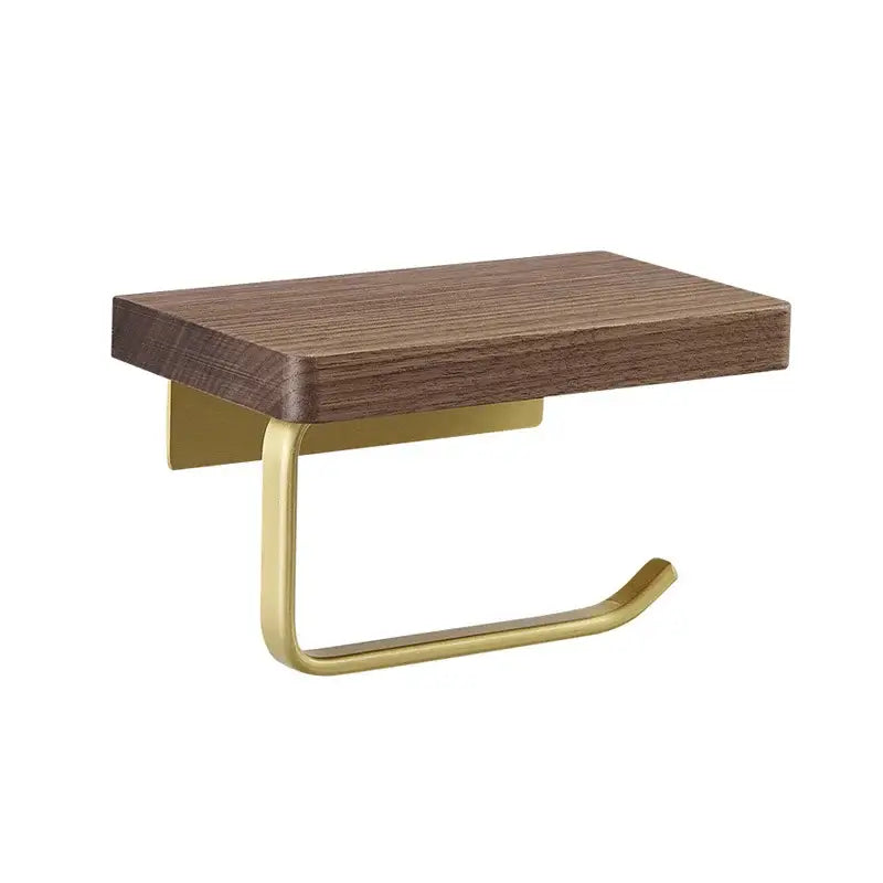 Modern brass and wood toilet paper holder with dark wood finish top and brushed brass base for bathroom rack use