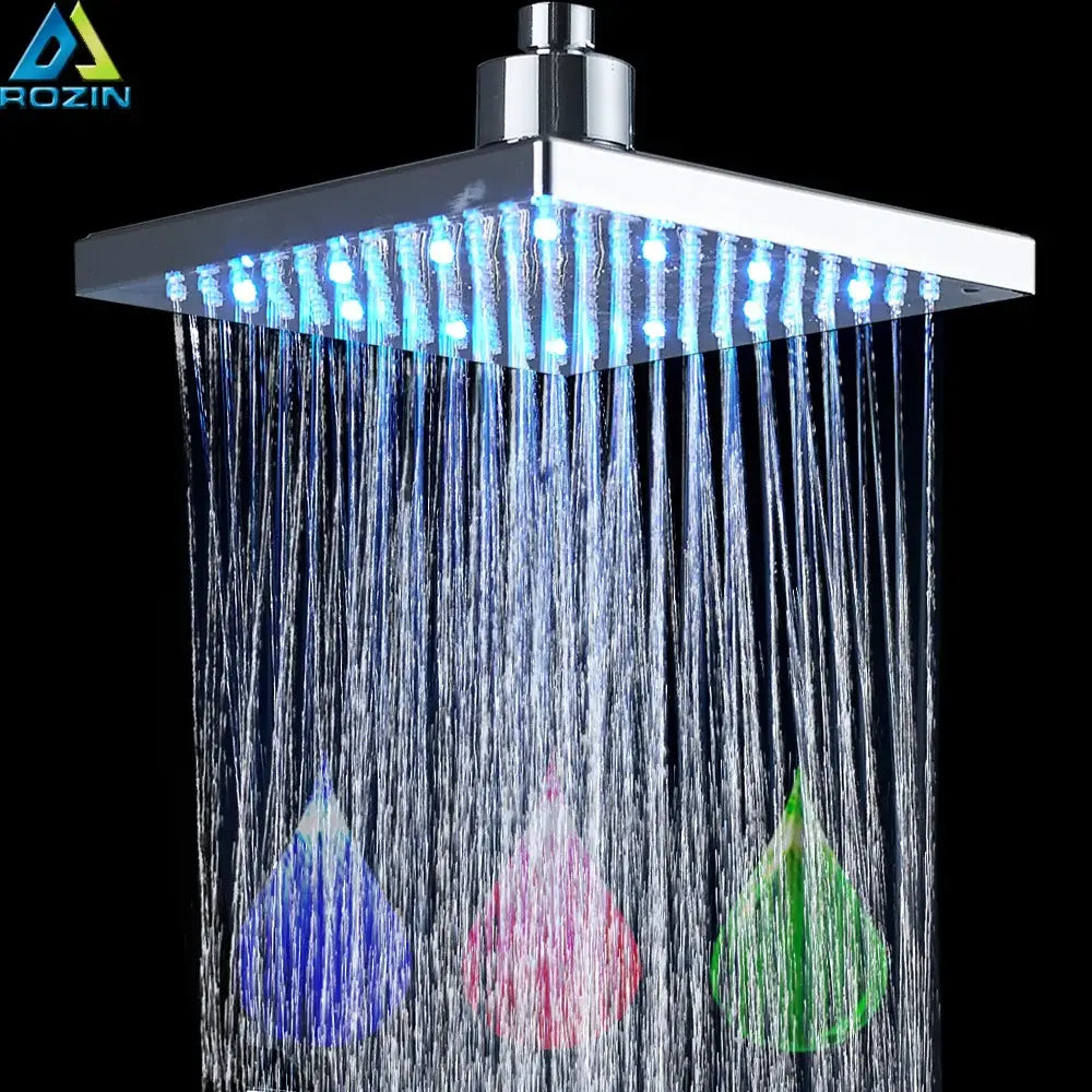Modern bright chrome led rainfall shower head with decorbites bright chrome finish and integrated blue led lights