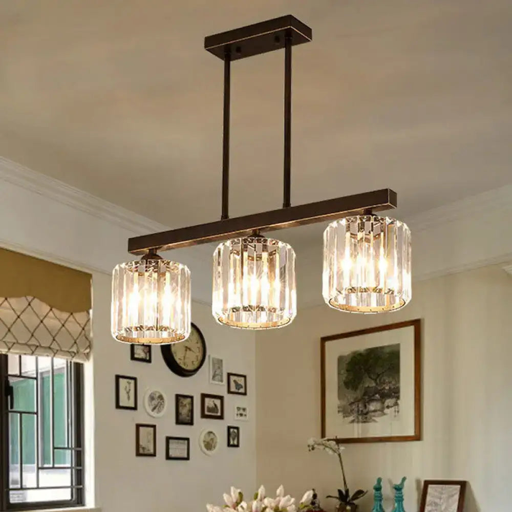 Modern bronze 3-light crystal island pendant dining room light with dark bronze metal frame and clear faceted glass shades 220v-240v 110v-120v