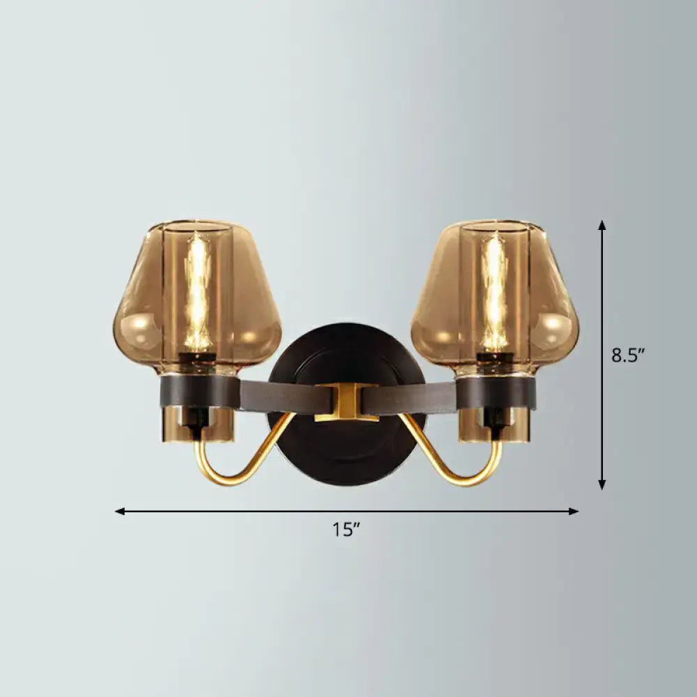 Modern wall lamp with amber glass shades smoke gray bronze and brass frame for led incandescent or fluorescent use