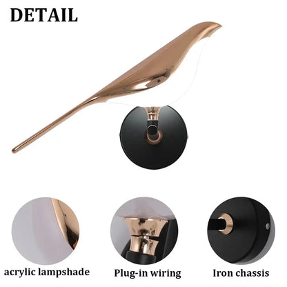 A sleek rose gold decorbites bird wall light with glossy acrylic shade and black iron base for modern living room decor