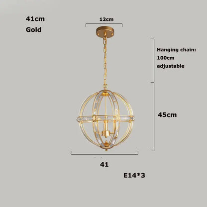 Modern bronze black chrome gold globe led chandelier with gold-finished spherical pendant and clear glass panels