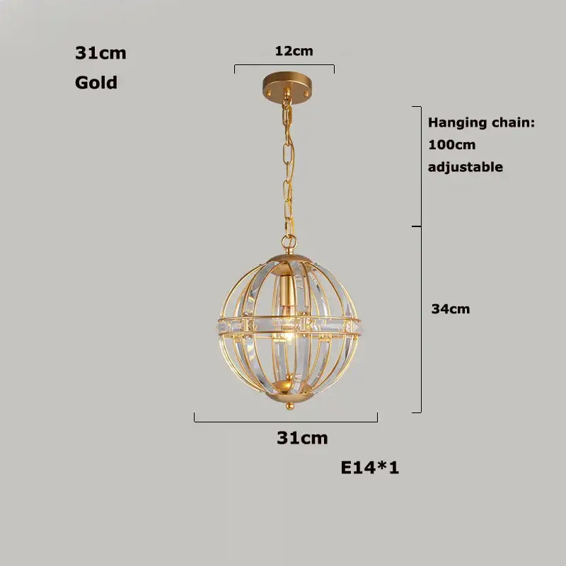 Modern bronze black chrome gold globe led chandelier with gold-finished spherical pendant light and crystal cage design