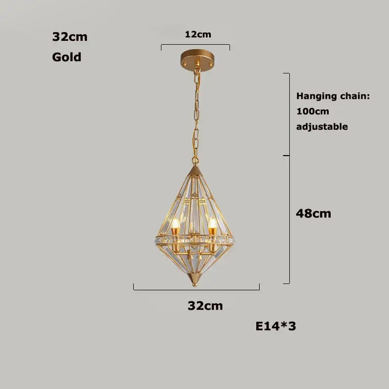 Gold-finished geometric chandelier with diamond frame, clear glass, and three e14 bulbs in decorbites bronze black style