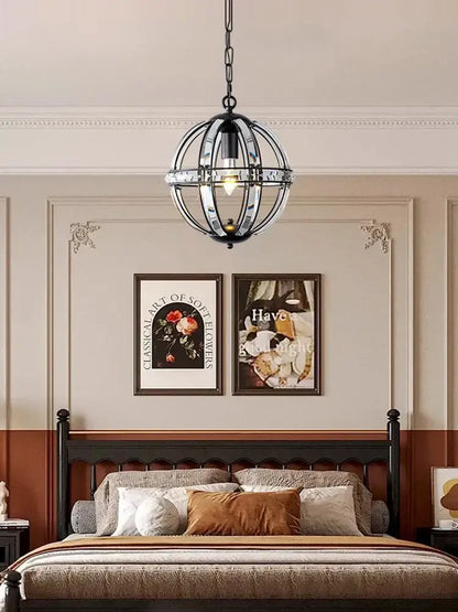Black metal spherical pendant light with chain suspension and clear glass panels for decorbites bronze black chrome gold living room