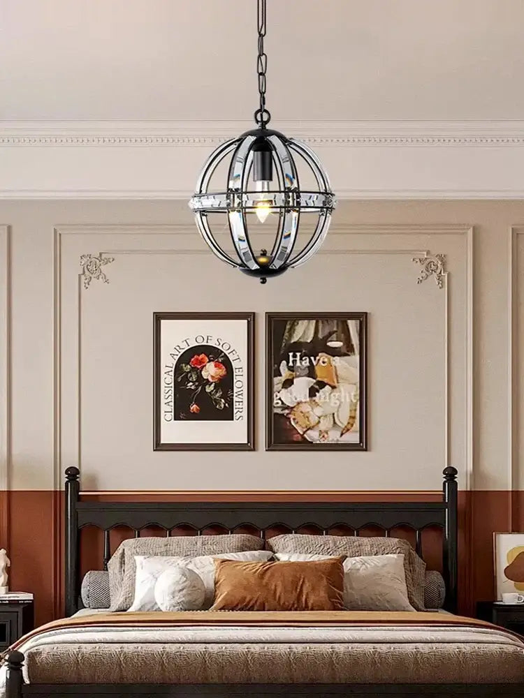 Black metal spherical pendant light with chain suspension and clear glass panels for decorbites bronze black chrome gold living room