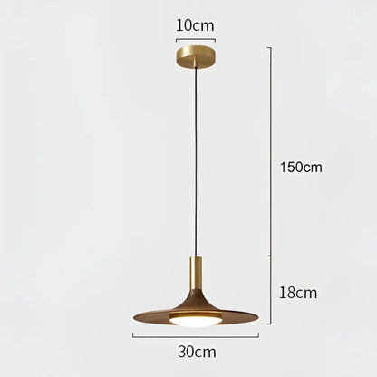 A modern brass pendant light with a sleek flared shade from decorbites black walnut ufo collection for dining room decor