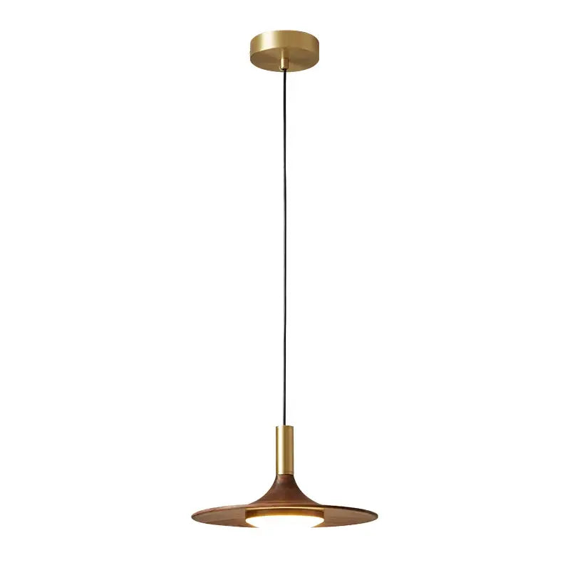A modern bronze black walnut ufo pendant light with a sleek brass shade and black cord for dining room decorbites black walnut