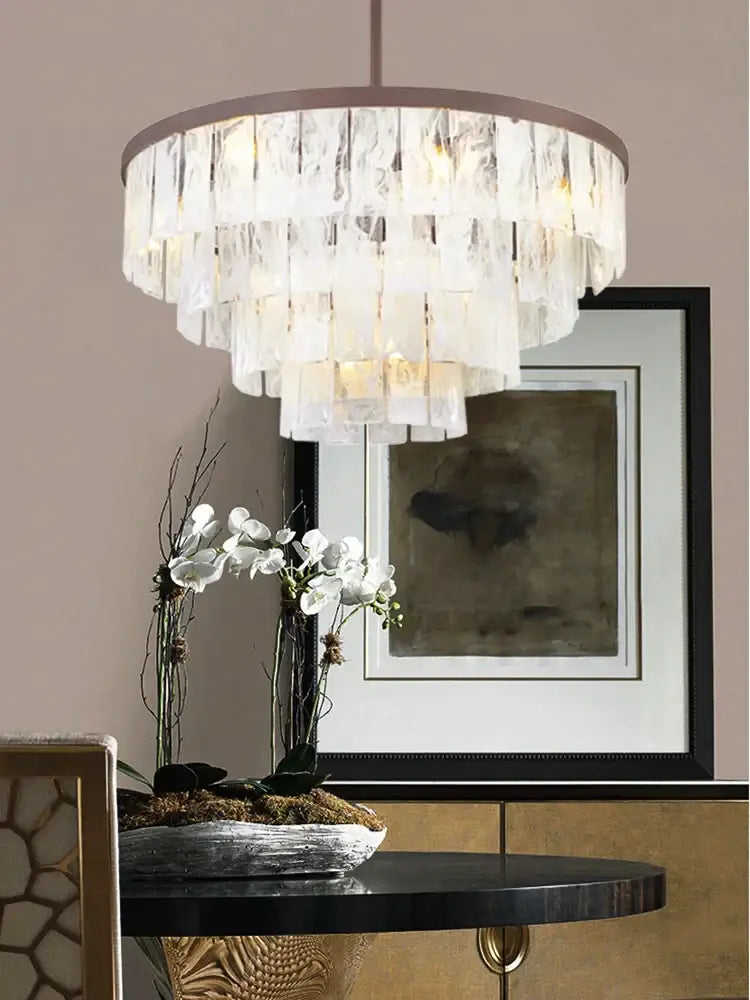 Modern bronze cloud glass led pendant light with cascading translucent crystal panels for living room decorbites cloud glass