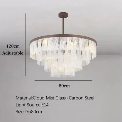 Modern bronze cloud glass led pendant light with tiered mist glass panels and dark bronze carbon steel frame decorbites cloud glass