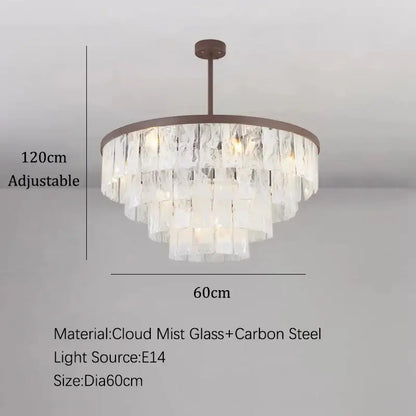Modern bronze cloud glass led pendant light with tiered cascading mist glass crystals on dark bronze frame for living room decorbites cloud glass