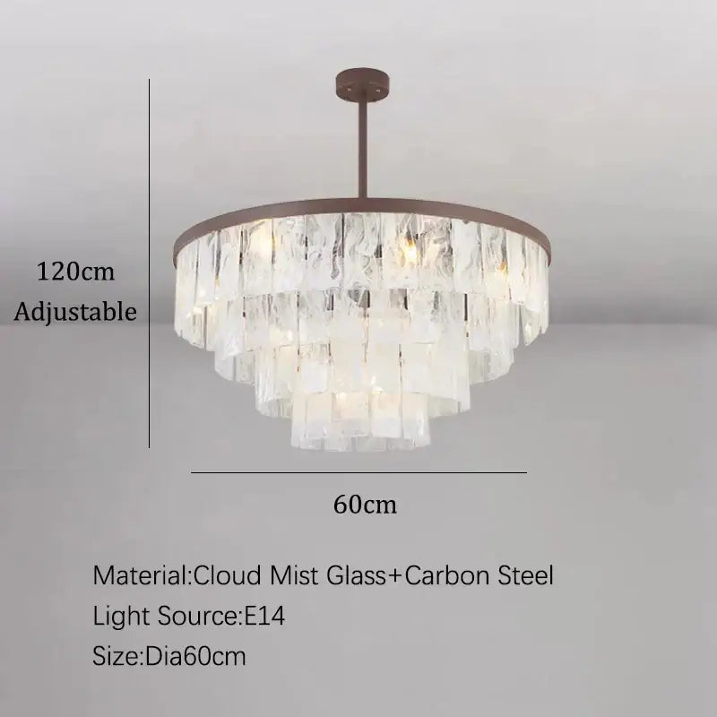 Modern bronze cloud glass led pendant light with tiered cascading mist glass crystals on dark bronze frame for living room decorbites cloud glass