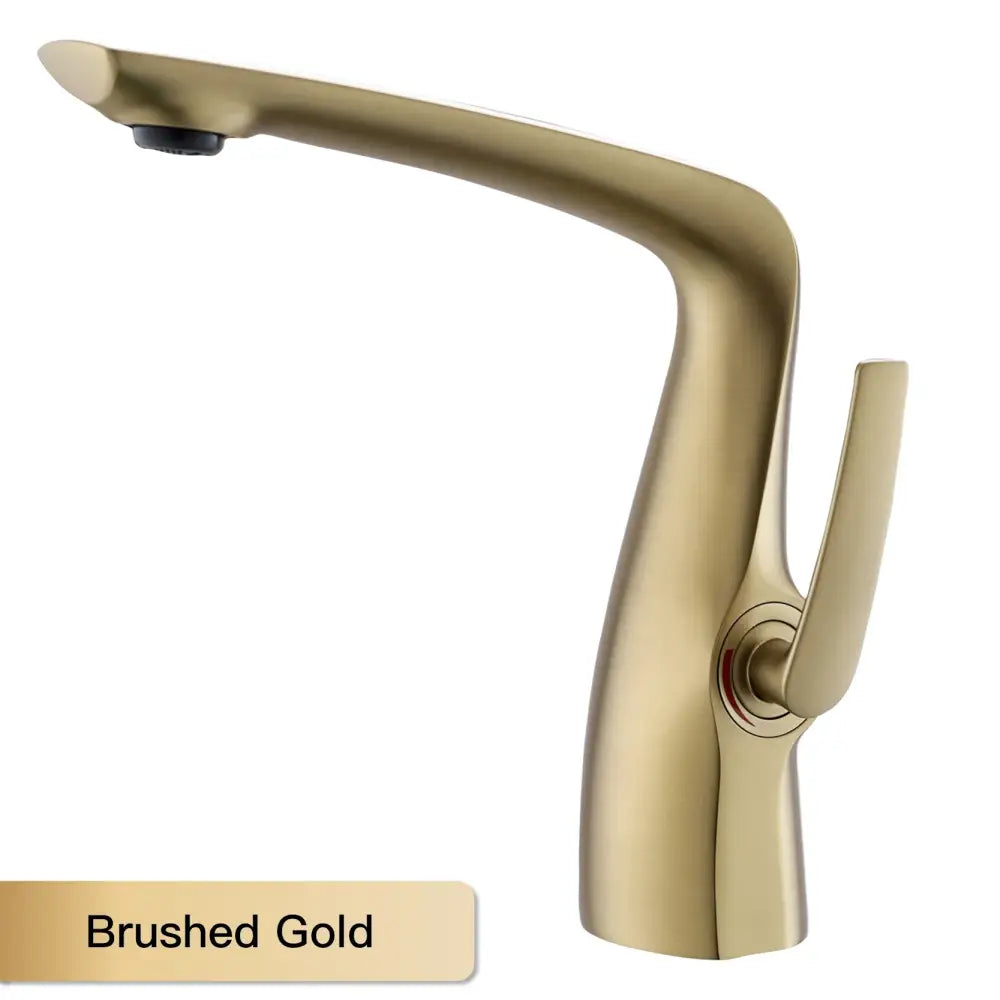 Modern bronze contemporary single-hole bathroom faucet with solid brass body, brushed gold finish, and ceramic valve core
