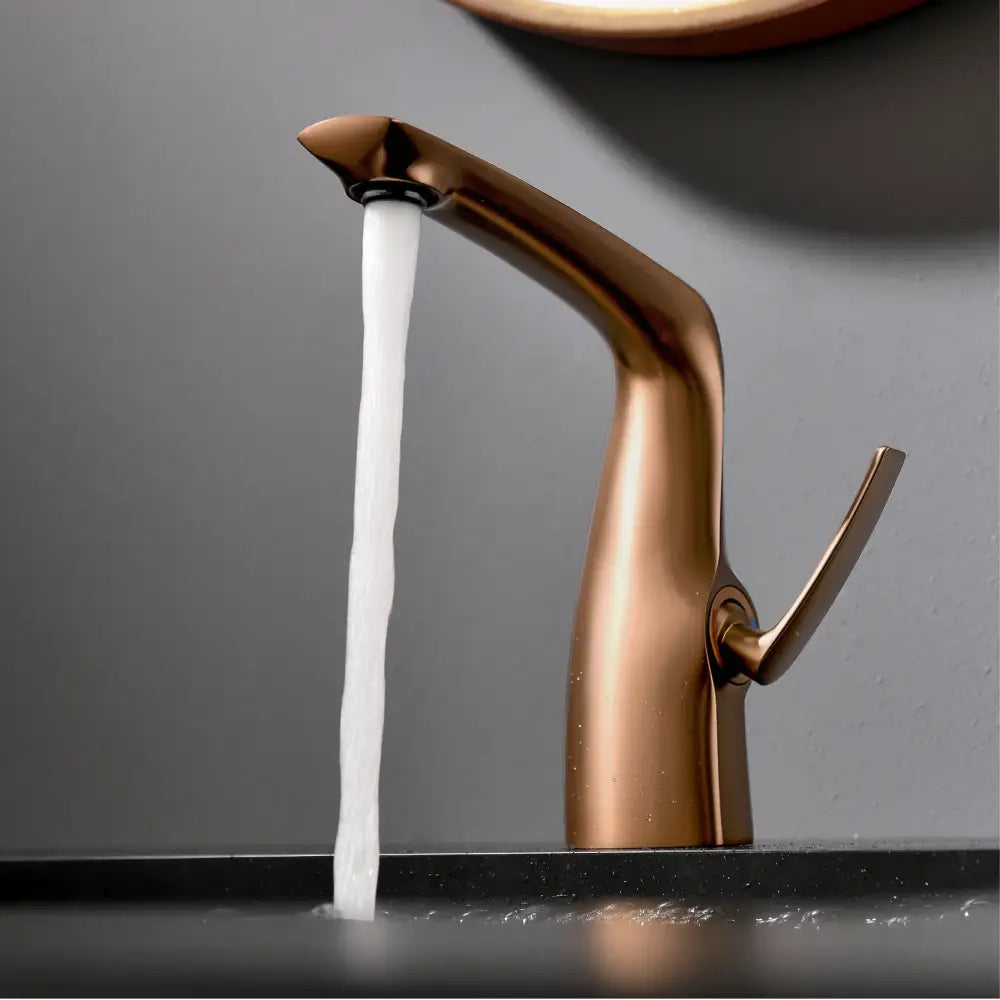 A contemporary single-hole bathroom faucet with a brushed bronze finish solid brass body and ceramic valve core