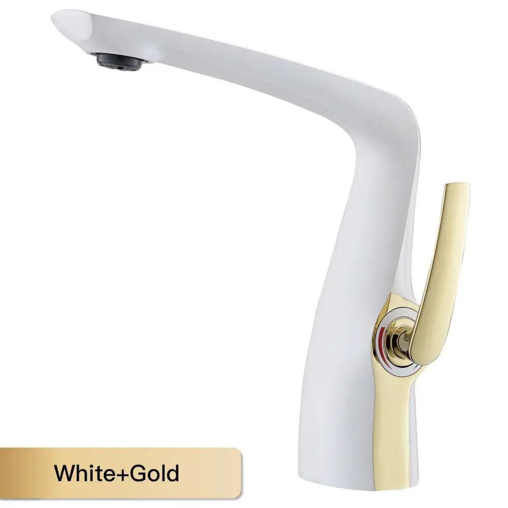 Modern bronze contemporary single-hole bathroom faucet with a white and gold solid brass body and ceramic valve core
