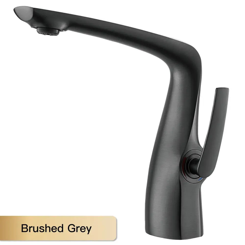 Modern bronze contemporary single-hole bathroom faucet with solid brass body, ceramic valve core, and brushed grey curved handle
