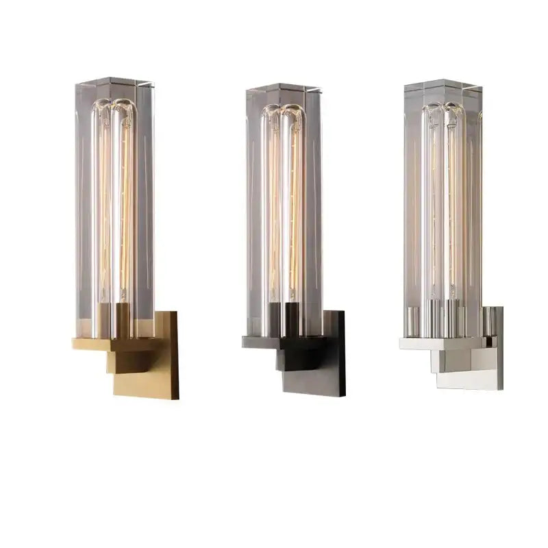 Modern bronze copper crystal wall lamp with clear glass encasements and exposed filament bulbs in brass black or chrome finish
