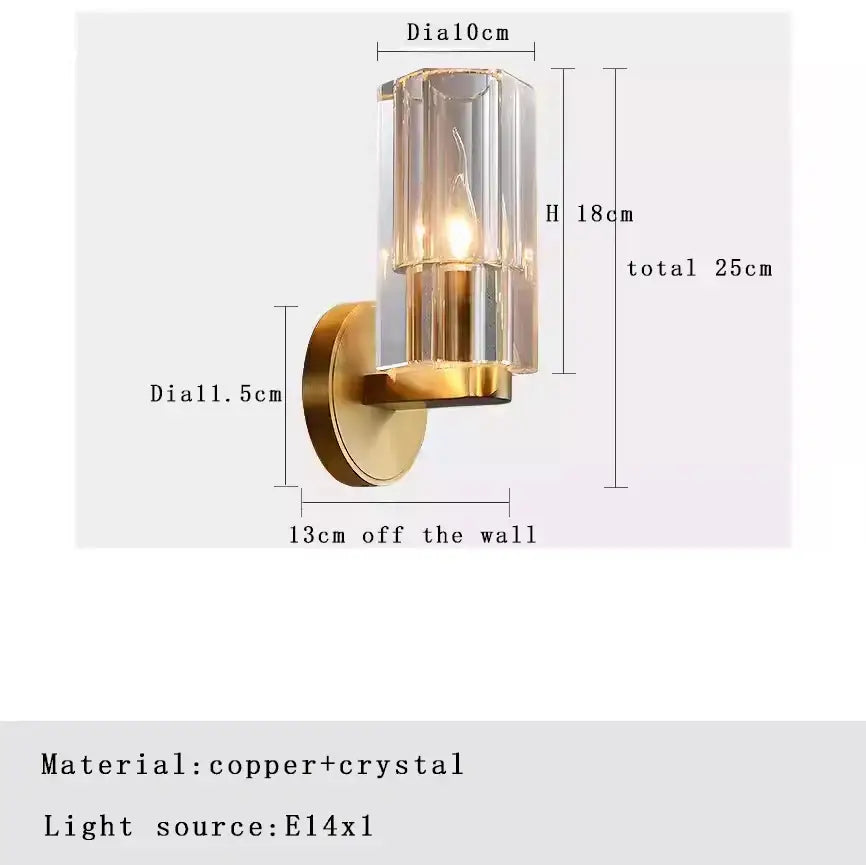 Modern bronze copper crystal wall lamp with gold-toned copper and cylindrical glass shade for bedroom decorbites