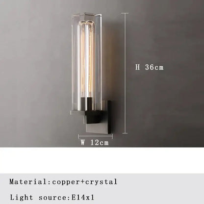 Modern bronze copper crystal wall lamps featuring a sleek copper base and clear enclosure with three vertical edison bulbs