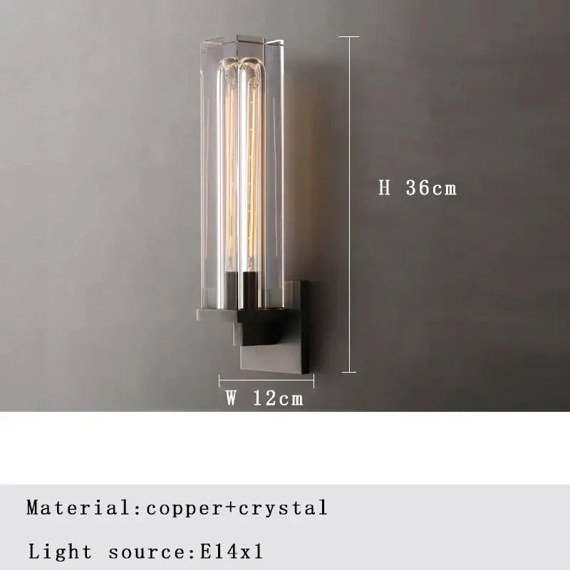 Modern bronze copper crystal wall lamps featuring a sleek copper base and clear enclosure with three vertical edison bulbs