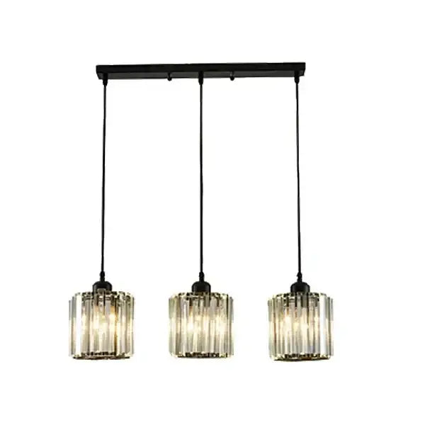 Modern bronze crystal trio pendant light with black metal bar and three cylindrical glass shades for dining room decorbites crystal trio