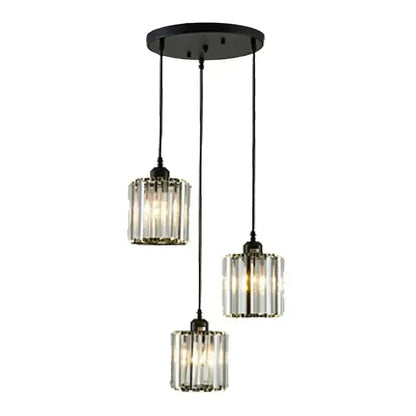 Modern bronze crystal trio pendant light with black metal fixture and three glass shades featuring vertical crystal rods
