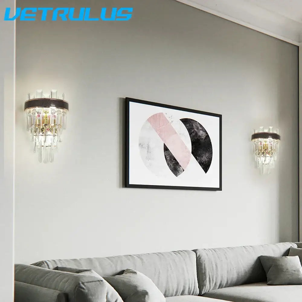 Pair of modern bronze decorbites crystal led wall lights with elegant crystal chandeliers and dark bronze accents for living room