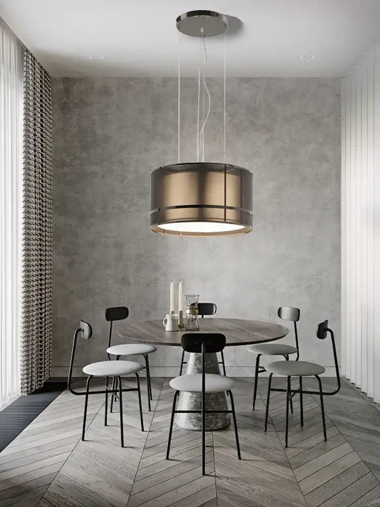 Modern bronze designer fabric ceiling pendant light with brushed brass finish and minimalist design for dining room decorbites