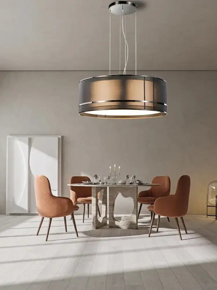 Modern bronze designer fabric ceiling pendant light with brushed metallic finish and warm-toned diffuser for dining room decorbites designer fabric pendant light