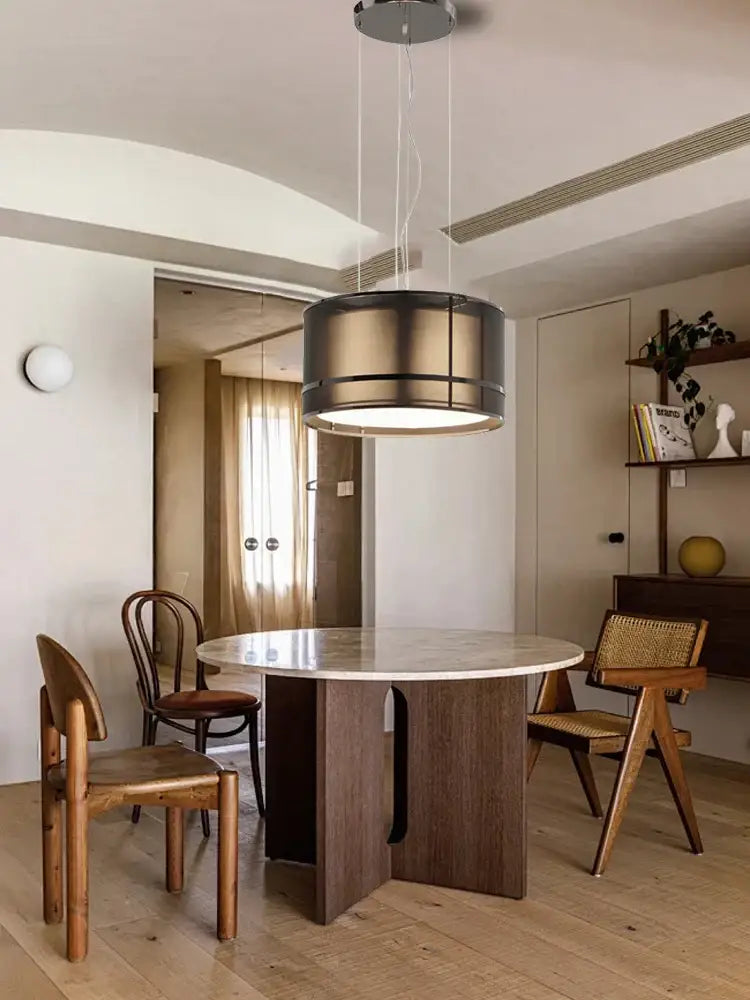 Modern bronze designer fabric ceiling pendant light with brushed brass finish and minimalist decorbites designer fabric design