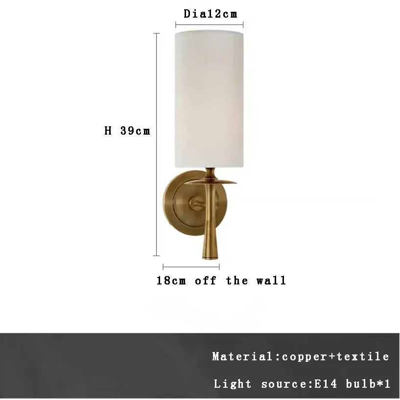 A sleek brass wall sconce with cylindrical off-white textile shade for decorbites designer fabric ceiling pendant light