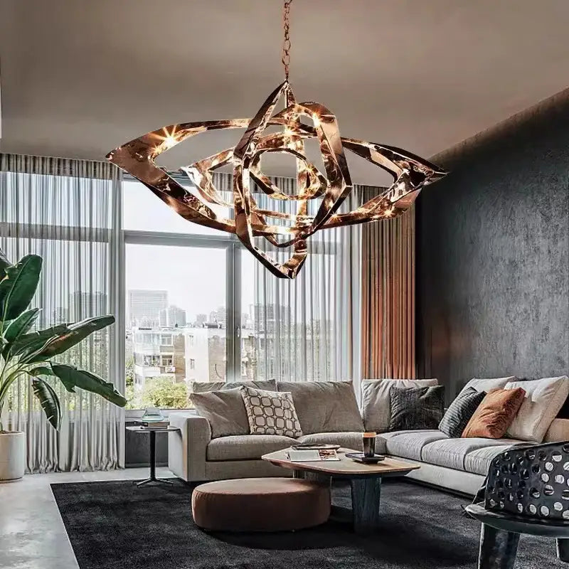 Modern bronze geometric art pendant chandelier with metallic finish and interlocking design for dining room pendant light