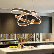 Modern bronze geometry circle rings led pendant light with intertwined circular rings and glowing white illumination